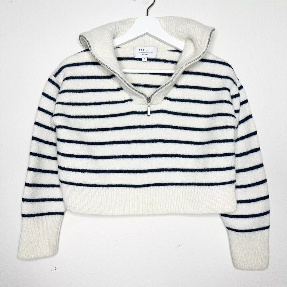 La Ligne - Cream and Navy Striped Merino Zip Sweater - Size S